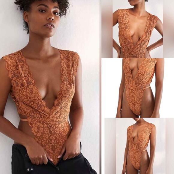 We Are HAH Free People Cut To The Chase Lace Bodysuit in Brown Sugar - Picture 1 of 14